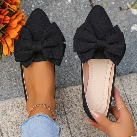 Women's Sweet Bowknot Autumn Shoes, Slip-on Black Flat Shoes With Pointed Toe - Picture 1 of 4